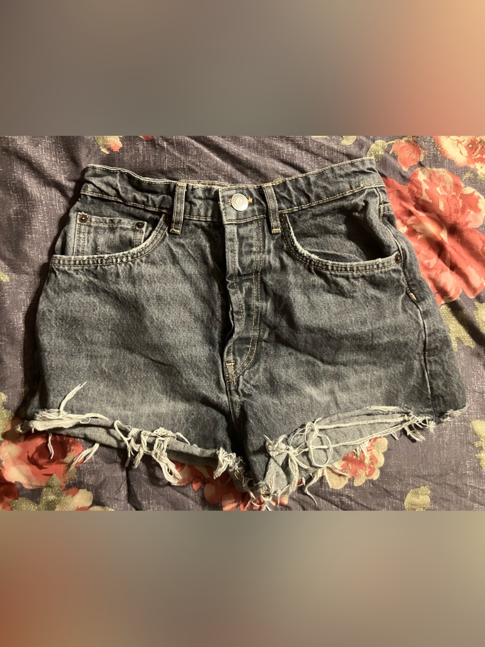 Zara Frayed Hem Button Fly Denim Shorts
